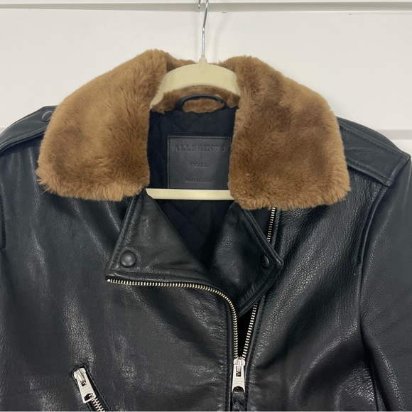 SOLD // All Saints Sherwood Leather Biker Jacket w/ Faux Fur Trim Size Small - Picture 7 of 14